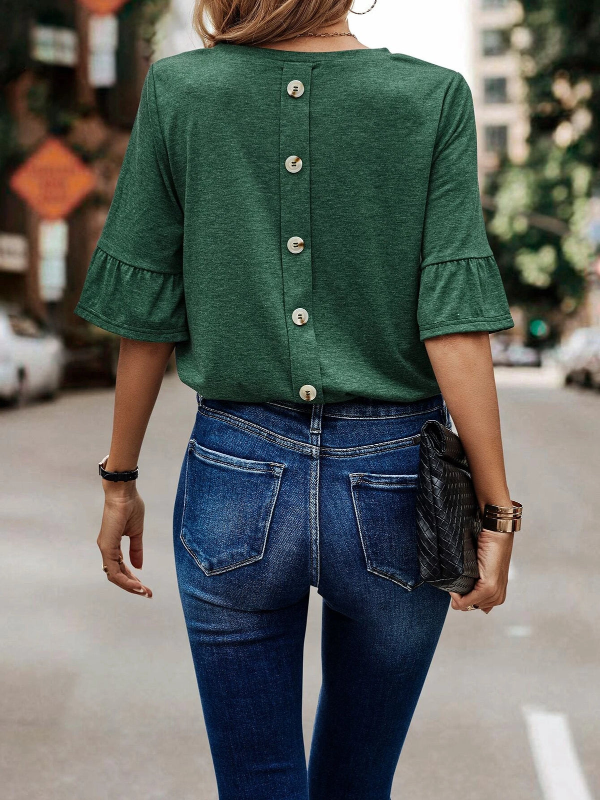 Button Back Flounce Sleeve Tee