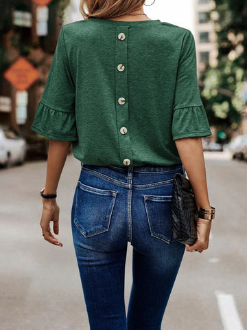 Button Back Flounce Sleeve Tee