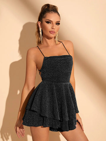 BAE Lace Up Backless Ruffle Hem Glitter Cami Romper
