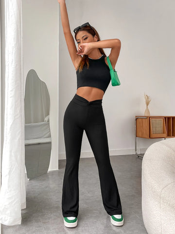 EZwear Twist Ribbed Knit Flare Leg Pants