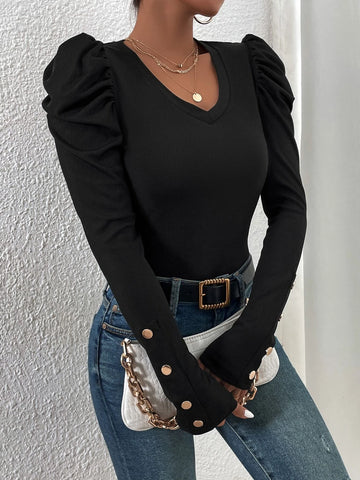 Button Detail Gigot Sleeve Tee