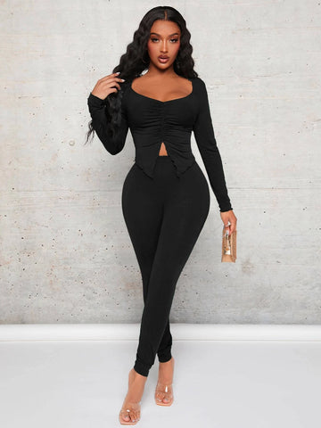 Sweetheart Neck Split Hem Top & Leggings