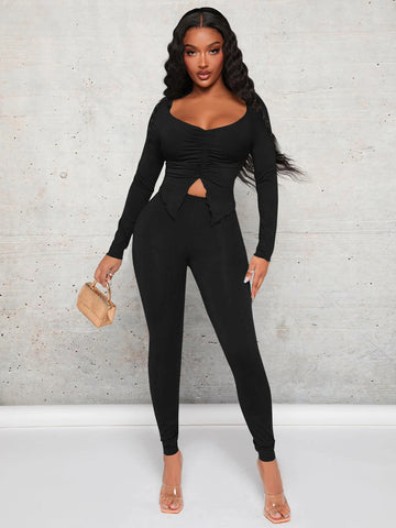 Sweetheart Neck Split Hem Top & Leggings
