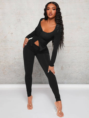 Sweetheart Neck Split Hem Top & Leggings