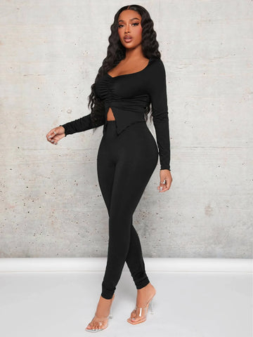 Sweetheart Neck Split Hem Top & Leggings