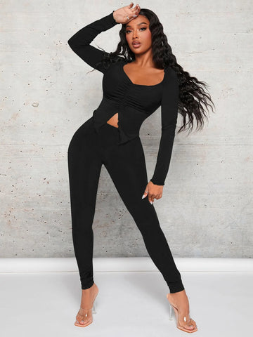 Sweetheart Neck Split Hem Top & Leggings