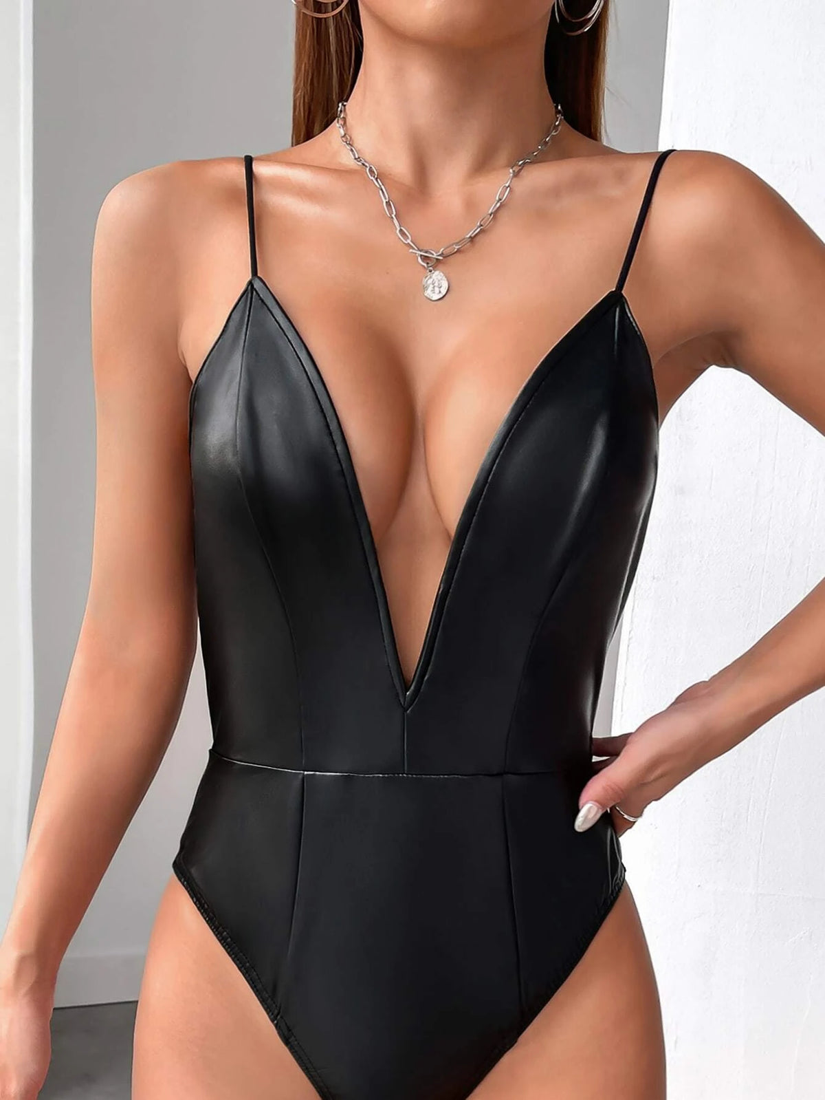 Plunging Neck PU Leather Cami Bodysuit