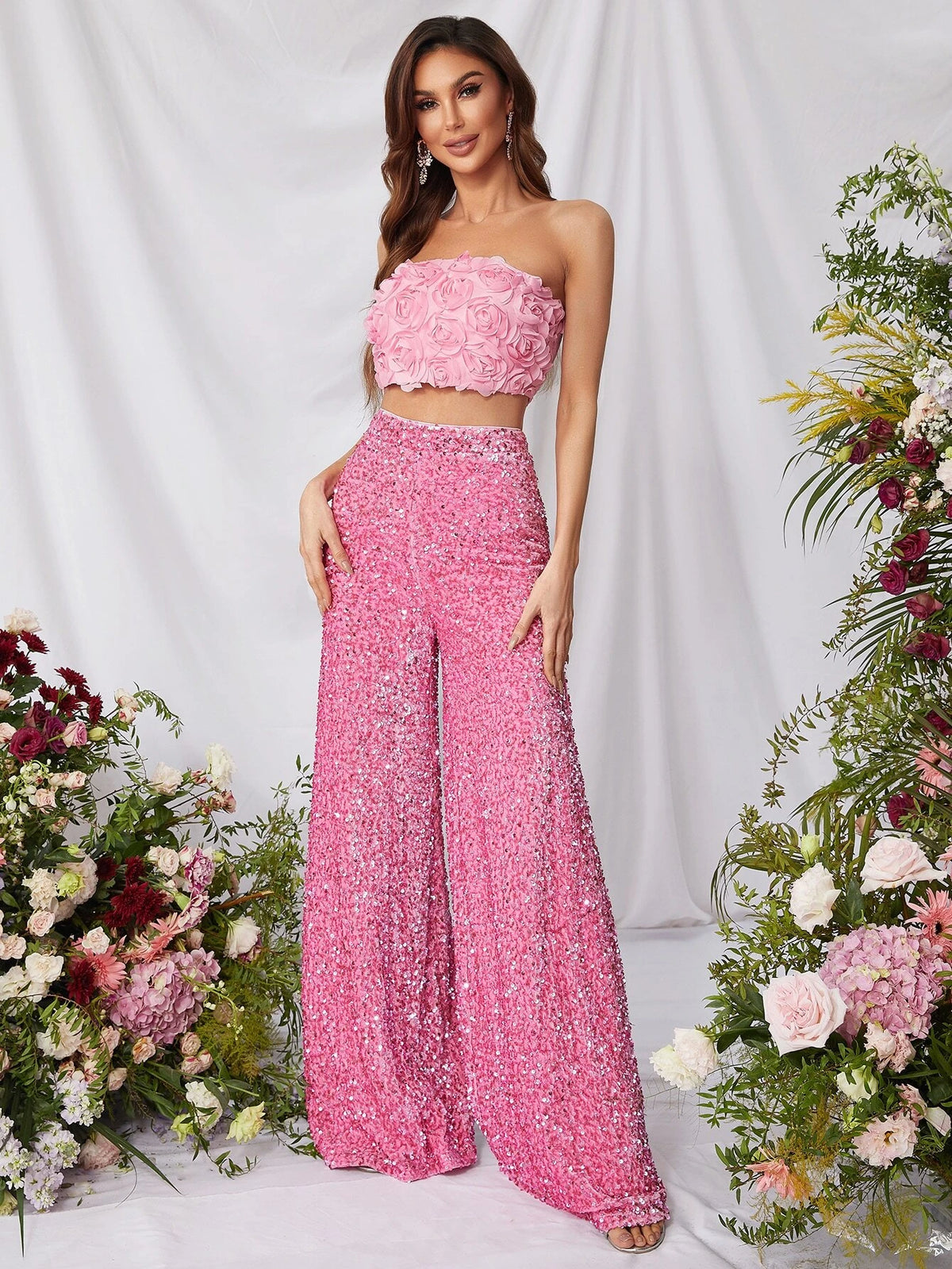 Floral Applique Tube Top & Sequin Wide Leg Pants Set
