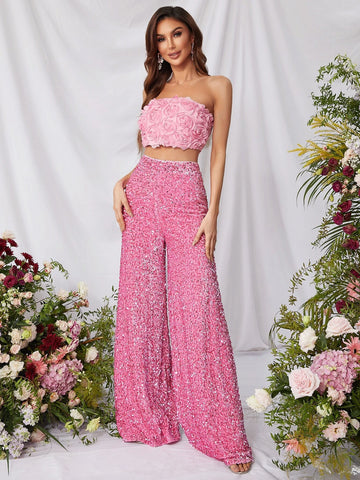 Floral Applique Tube Top & Sequin Wide Leg Pants Set