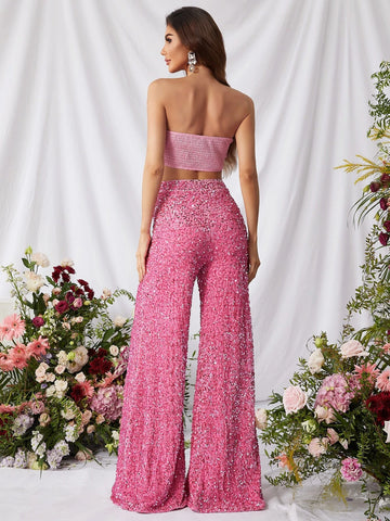 Floral Applique Tube Top & Sequin Wide Leg Pants Set