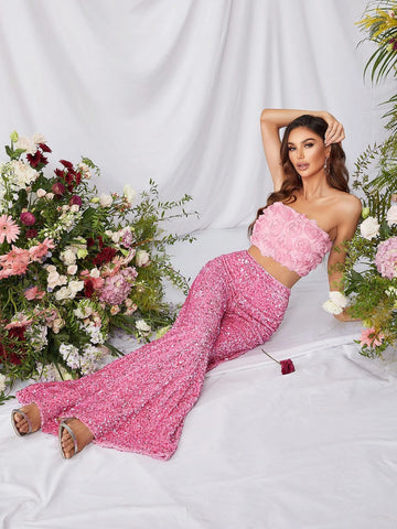 Floral Applique Tube Top & Sequin Wide Leg Pants Set