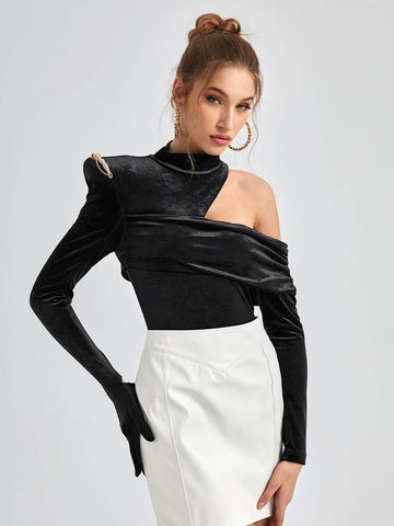 GAUTII Asymmetrical Neck Cut Out Shoulder Velvet Bodysuit