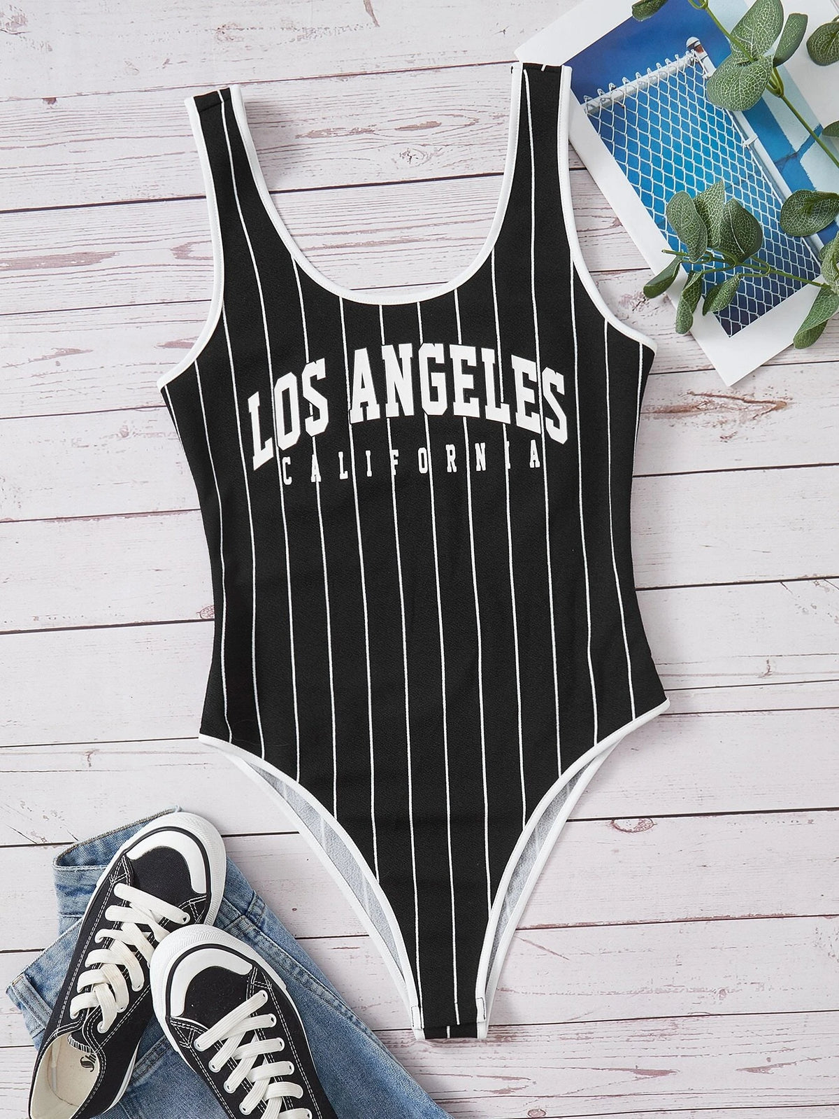 Striped & Letter Graphic Tank Bodysuit
