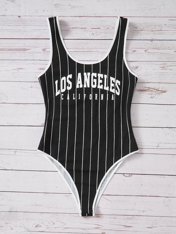 Striped & Letter Graphic Tank Bodysuit