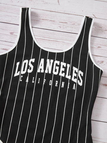 Striped & Letter Graphic Tank Bodysuit