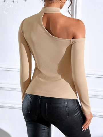 Asymmetrical Neck Ribbed Knit Tee