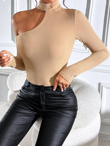 Asymmetrical Neck Ribbed Knit Tee