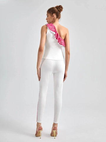 One Shoulder Layered Lace Ruffle Trim Top & Pants