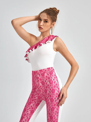 One Shoulder Layered Lace Ruffle Trim Top & Pants