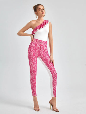 One Shoulder Layered Lace Ruffle Trim Top & Pants