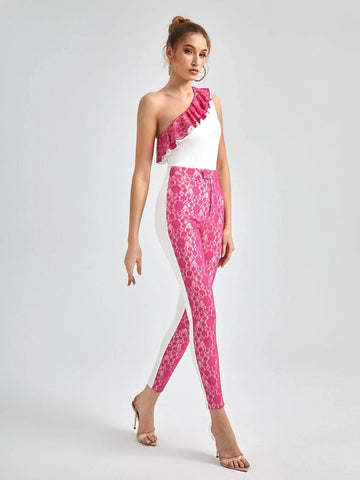 One Shoulder Layered Lace Ruffle Trim Top & Pants