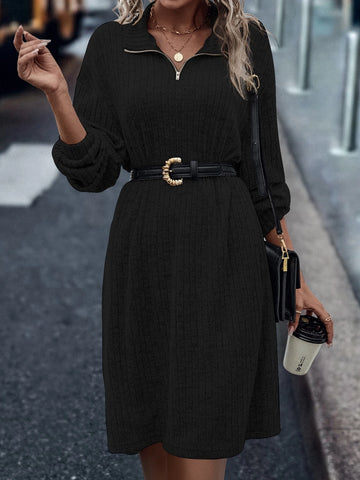 Zipper Half Placket Drop Shoulder Tee Dress Without Belt