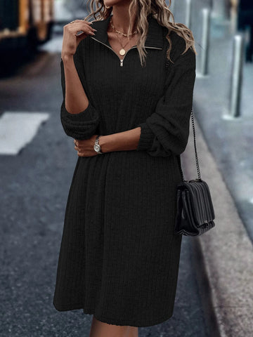 Zipper Half Placket Drop Shoulder Tee Dress Without Belt