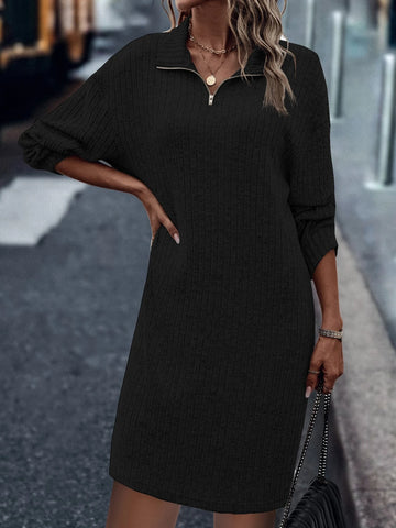 Zipper Half Placket Drop Shoulder Tee Dress Without Belt