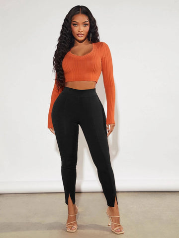 SXY Solid Split Hem Leggings