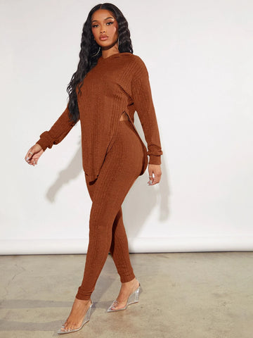 SXY Drop Shoulder Curved Hem Top & Leggings