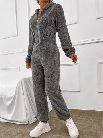 EZwear Zip Up Hooded Teddy Jumpsuit