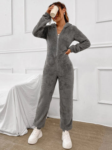 EZwear Zip Up Hooded Teddy Jumpsuit