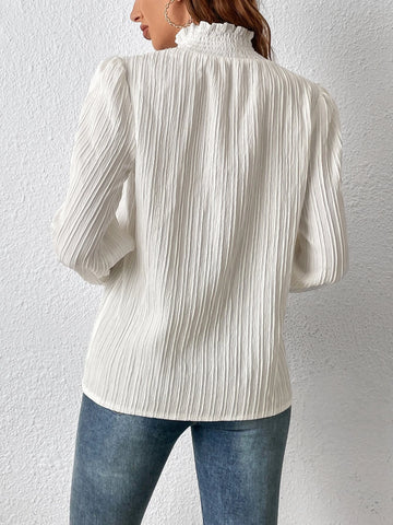 Frill Trim Mock Neck Lantern Sleeve Blouse