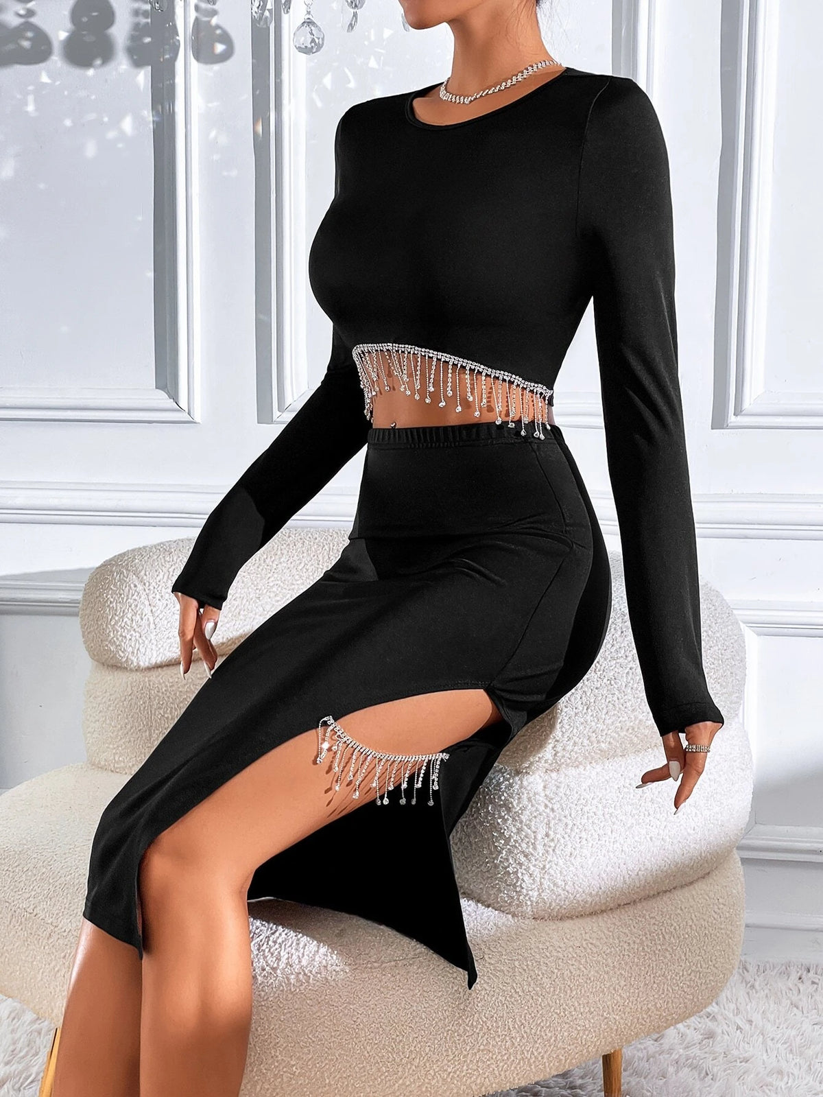 Rhinestone Fringe Trim Crop Top & Split Thigh Skirt