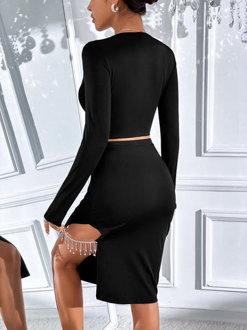 Rhinestone Fringe Trim Crop Top & Split Thigh Skirt