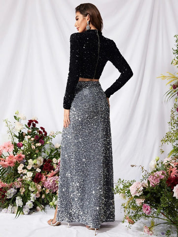 Mock Neck Crop Sequin Top & Split Thigh Skirt