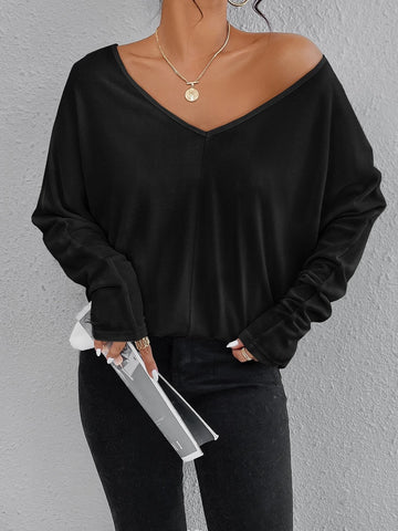 EZwear Solid V Neck Batwing Sleeve Tee