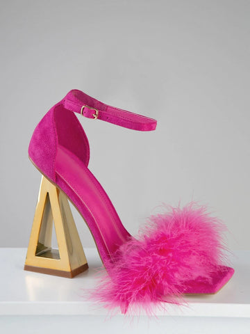 Fluffy Strap Metal Triangle Heel Sandals