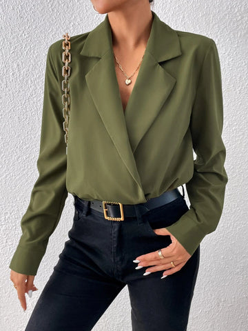 Solid Lapel Neck Shirt Bodysuit