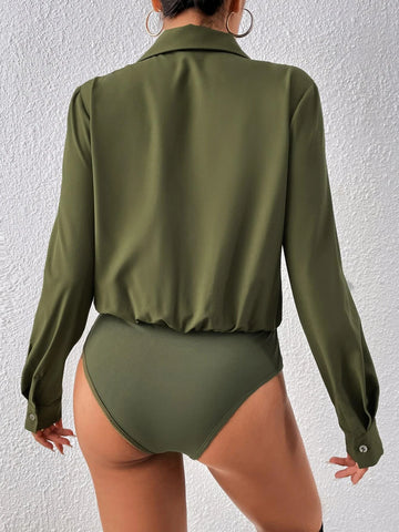 Solid Lapel Neck Shirt Bodysuit