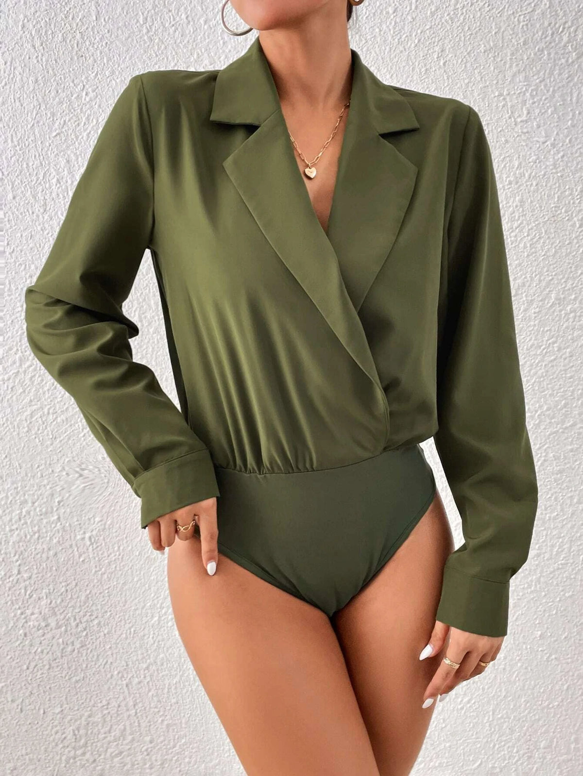 Solid Lapel Neck Shirt Bodysuit