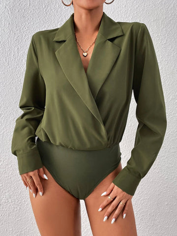 Solid Lapel Neck Shirt Bodysuit
