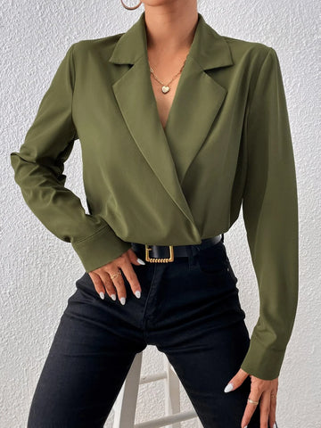 Solid Lapel Neck Shirt Bodysuit