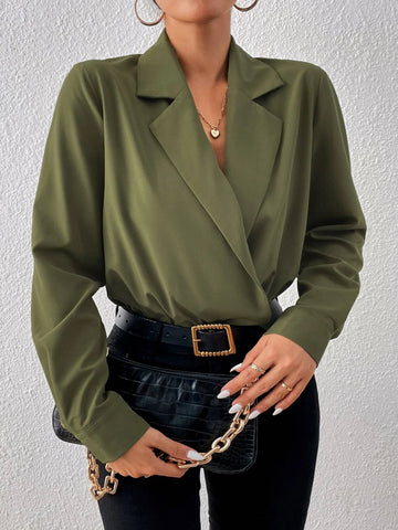 Solid Lapel Neck Shirt Bodysuit