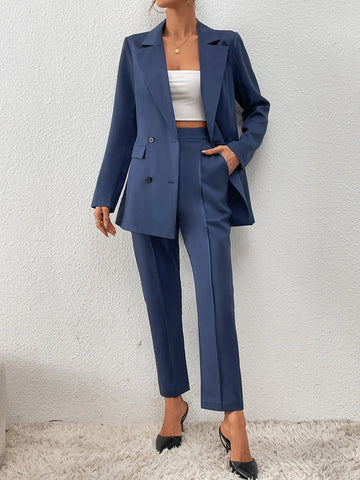 Double Breasted Flap Detail Blazer & Slant Pocket Suit Pants