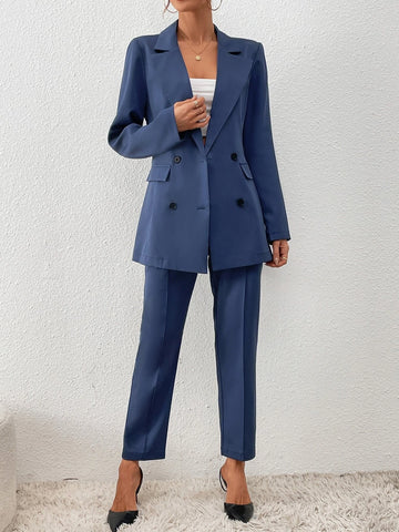 Double Breasted Flap Detail Blazer & Slant Pocket Suit Pants