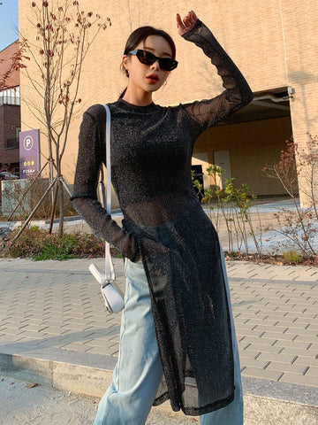 DAZY Mock Neck Split Thigh Glitter Mesh Top Without Bra