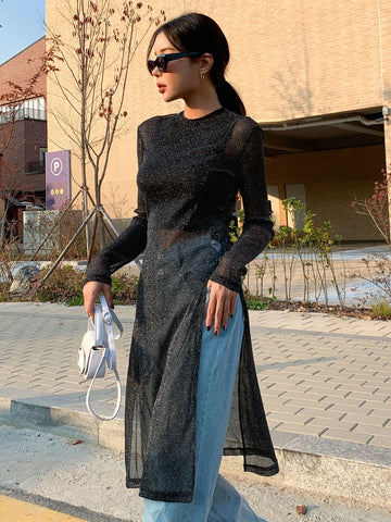 DAZY Mock Neck Split Thigh Glitter Mesh Top Without Bra