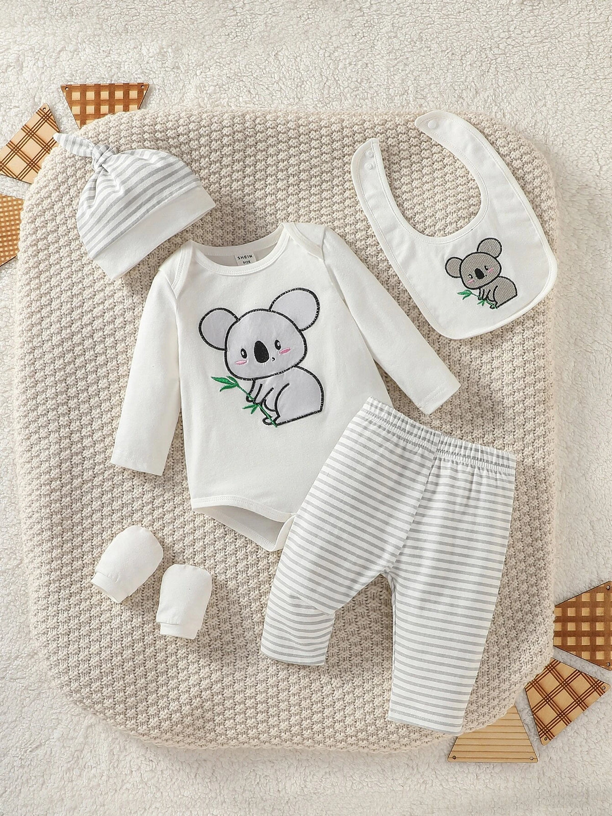 Newborn Baby Cartoon Embroidery Bodysuit & Striped Pants & Hat & Bib