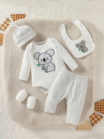 Newborn Baby Cartoon Embroidery Bodysuit & Striped Pants & Hat & Bib